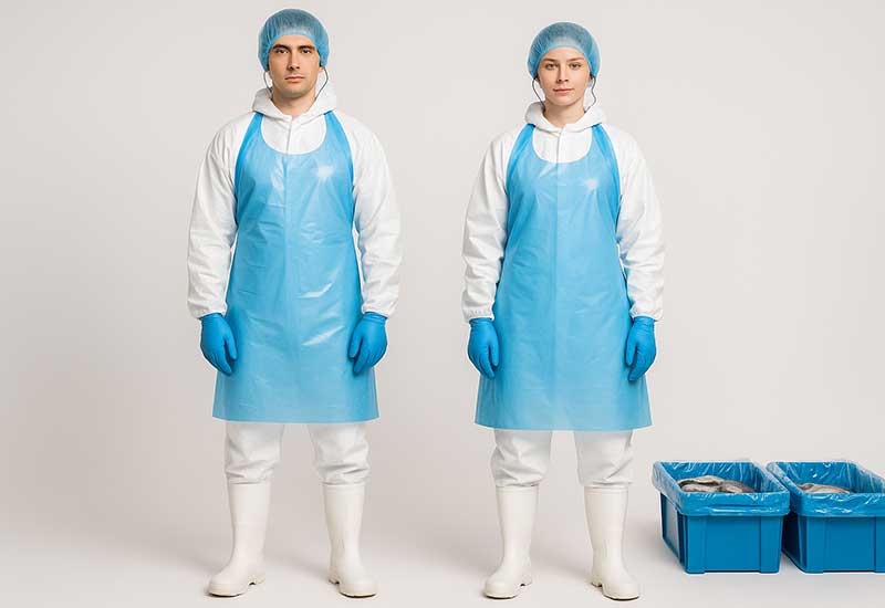 Op deze foto zie je 2 medewerkers in hygiënische beschermkleding met blauwe schorten en handschoenen