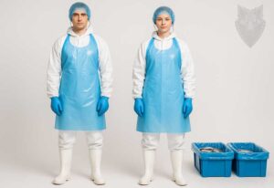 Twee medewerkers uit de voedingsindustrie gekleed in hygiënische en persoonlijke beschermingsmiddelen.