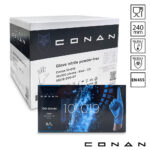 Afbeelding van een grootverpakking en dispenserdooosje van de Conan 10-019 blauwe food grade nitril handschoenen