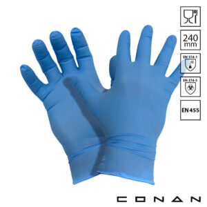 Afbeelding van een paar blauwe food grade, extra dikke nitril handschoenen voor eenmalig gebruik.