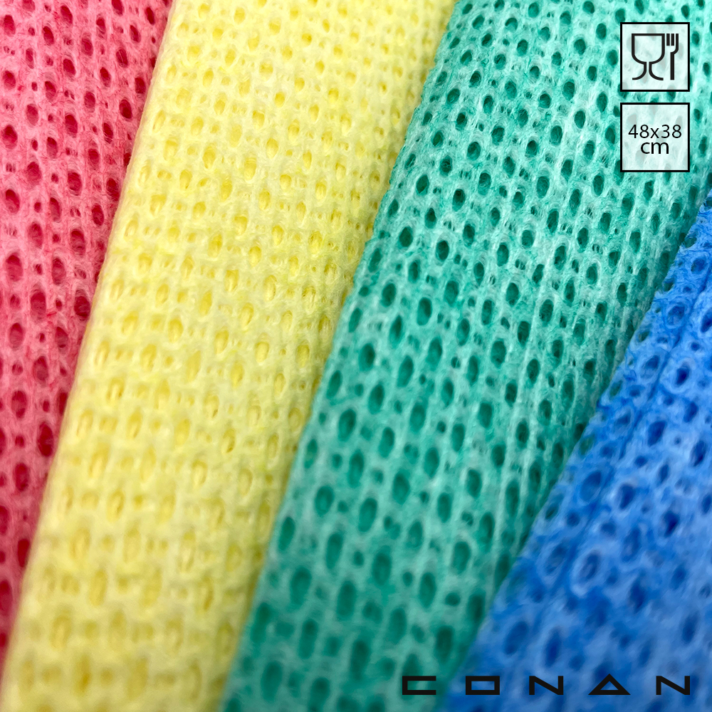 Close-up van 4 verschillende kleuren Conan Color Wipe poetsdoeken die bovenop elkaar liggen.