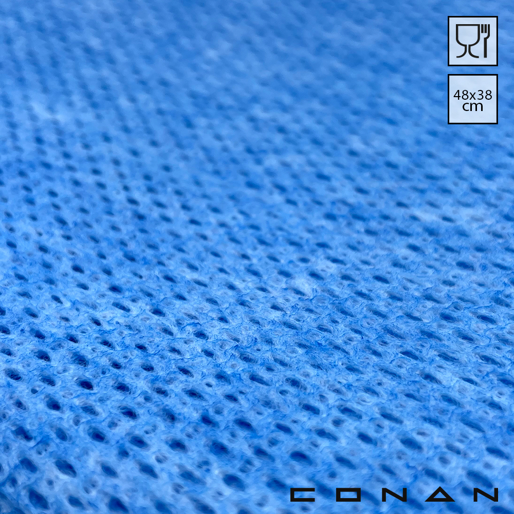 Een close-up van de Conan Color Wipe blauwe poetsdoek