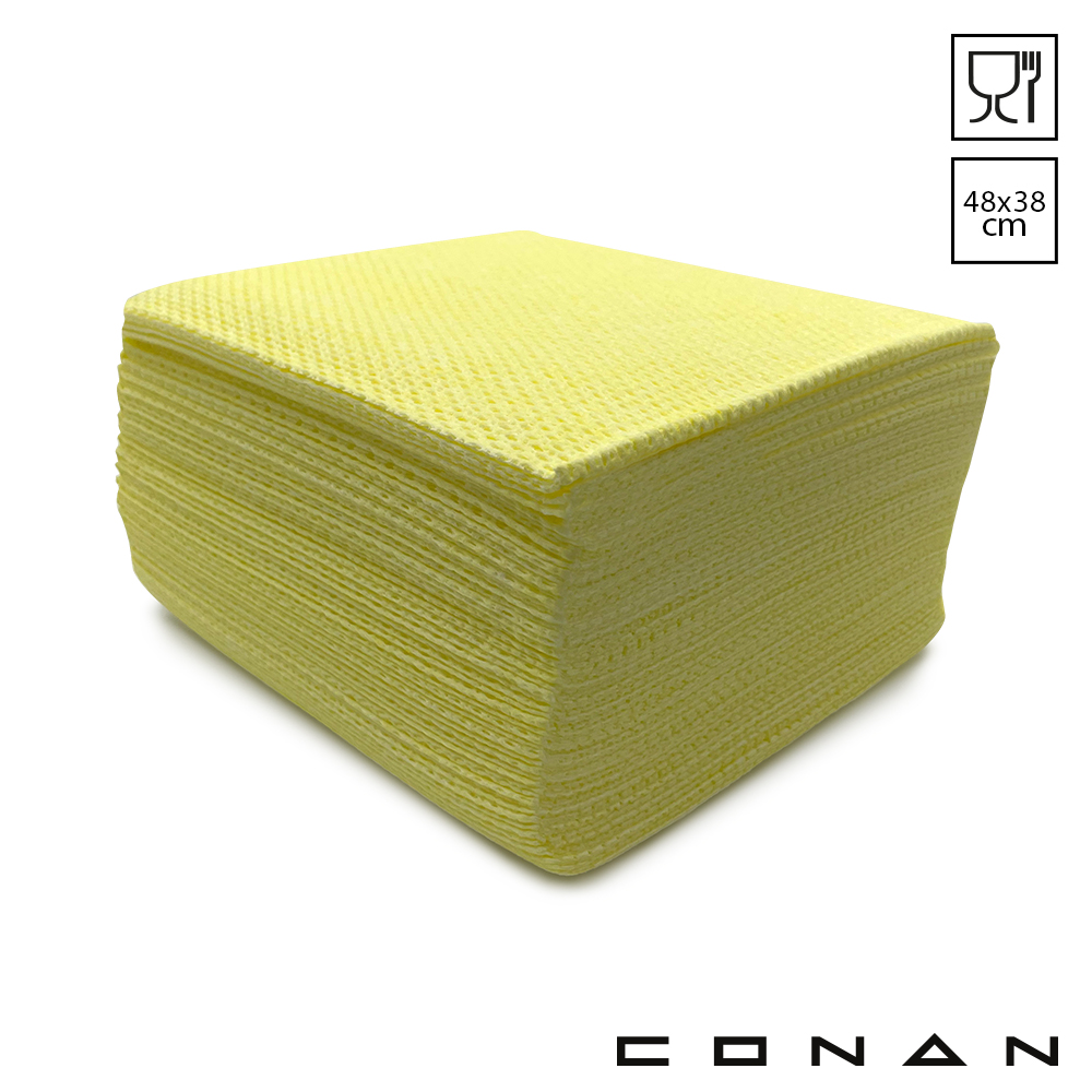 Een stapel Conan Color Wipe gele poetsdoeken op een witte achtergrond