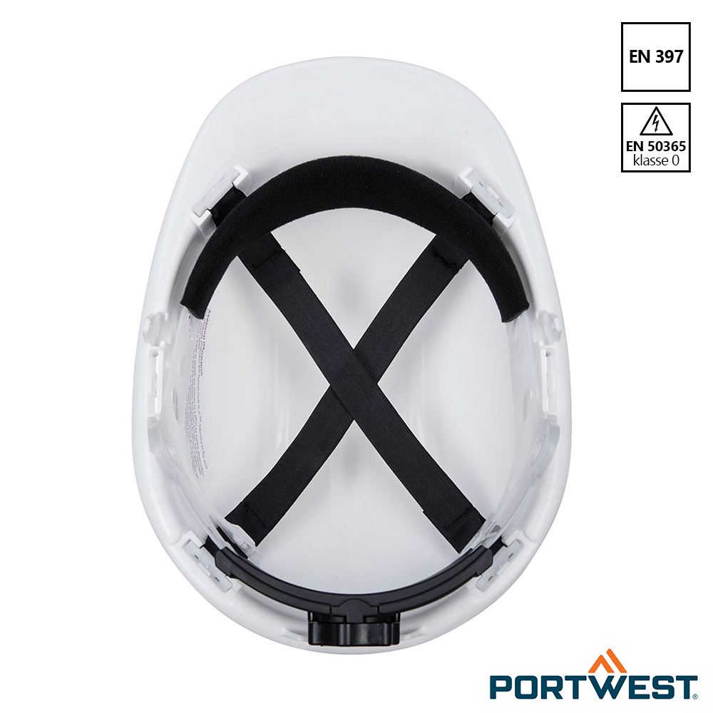 De binnenzijde van de Portwest PS57 Expert Base witte veiligheidshelm.