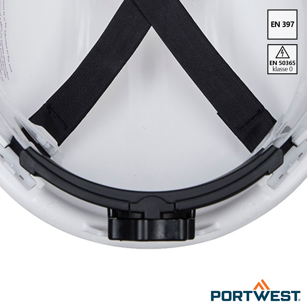 Detail van de binnenzijde van de Portwest PS57 Expert Base witte veiligheidshelm.