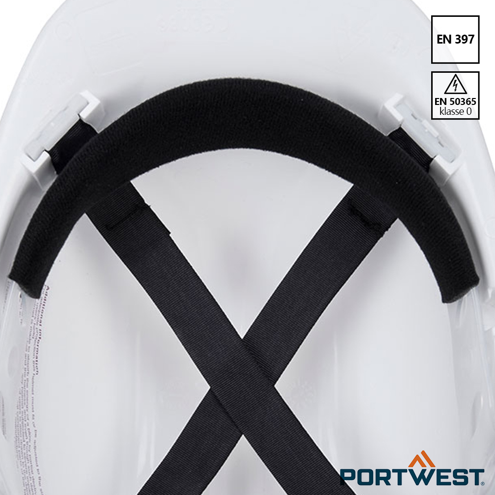 Detail van de binnenzijde van de Portwest PS57 Expert Base witte veiligheidshelm.