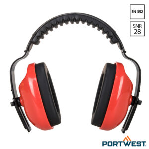 Portwest PW48 PW Klassieke Plus gehoorkappen met rode oorschelpen en zwarte hoofdband.
