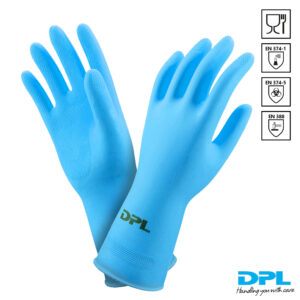 1 paar blauwe DPL Nova handschoenen afgebeeld met normeringen erbij