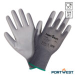 1 paar grijze Portwest A120 PU Palm veiligheidshandschoenen worden samen afgebeeld.