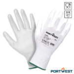 1 paar witte Portwest A120 PU Palm veiligheidshandschoenen worden samen afgebeeld.