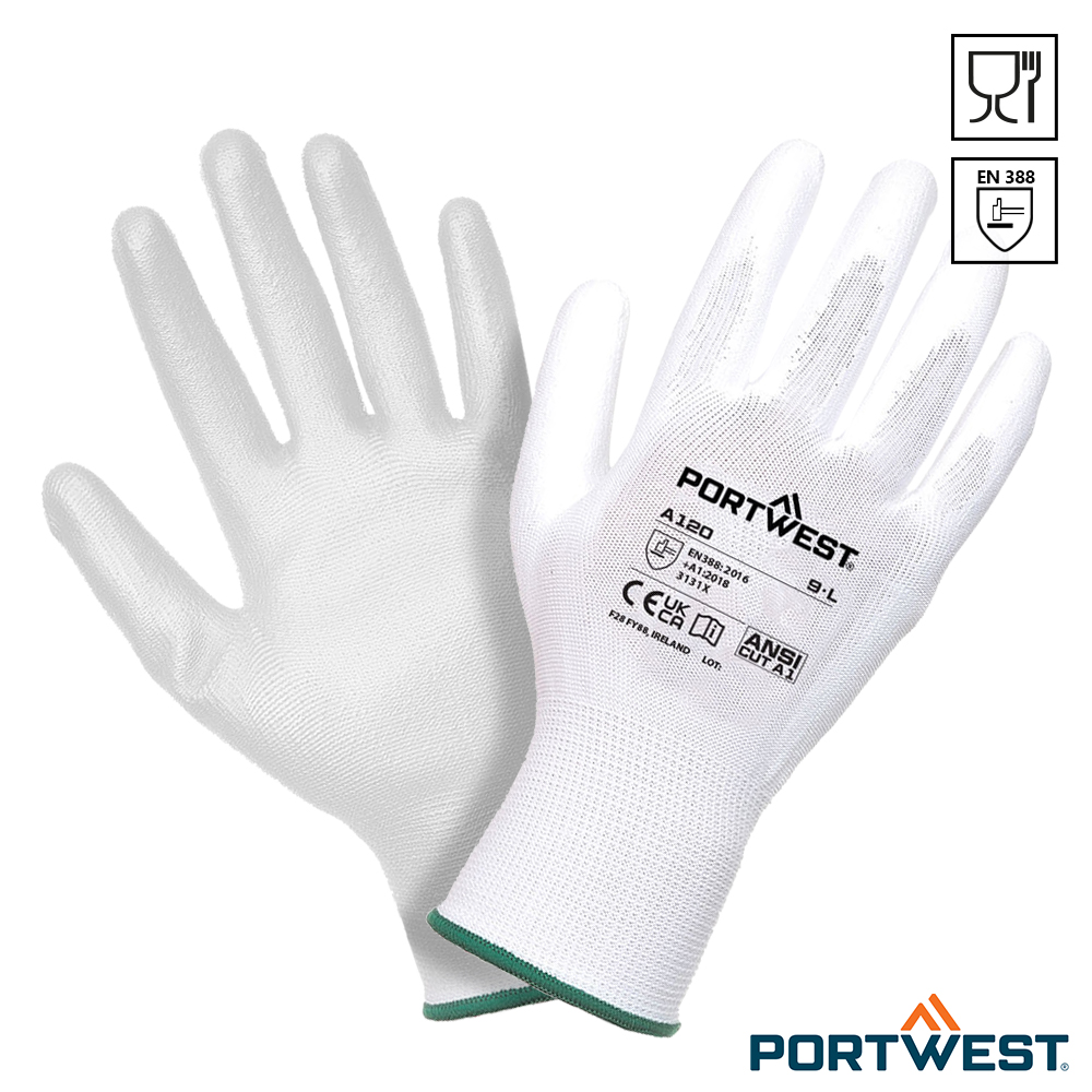 1 paar witte Portwest A120 PU Palm veiligheidshandschoenen worden samen afgebeeld.