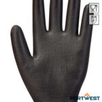 Close-up van de handpalm van een zwarte Portwest A120 PU Palm veiligheidshandschoen.