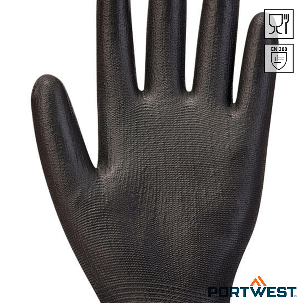Close-up van de handpalm van een zwarte Portwest A120 PU Palm veiligheidshandschoen.