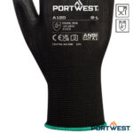 Close-up van een zwarte Portwest A120 PU Palm veiligheidshandschoen van de bovenzijde.