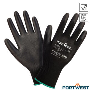 1 paar zwarte Portwest A120 PU Palm veiligheidshandschoenen worden samen afgebeeld.