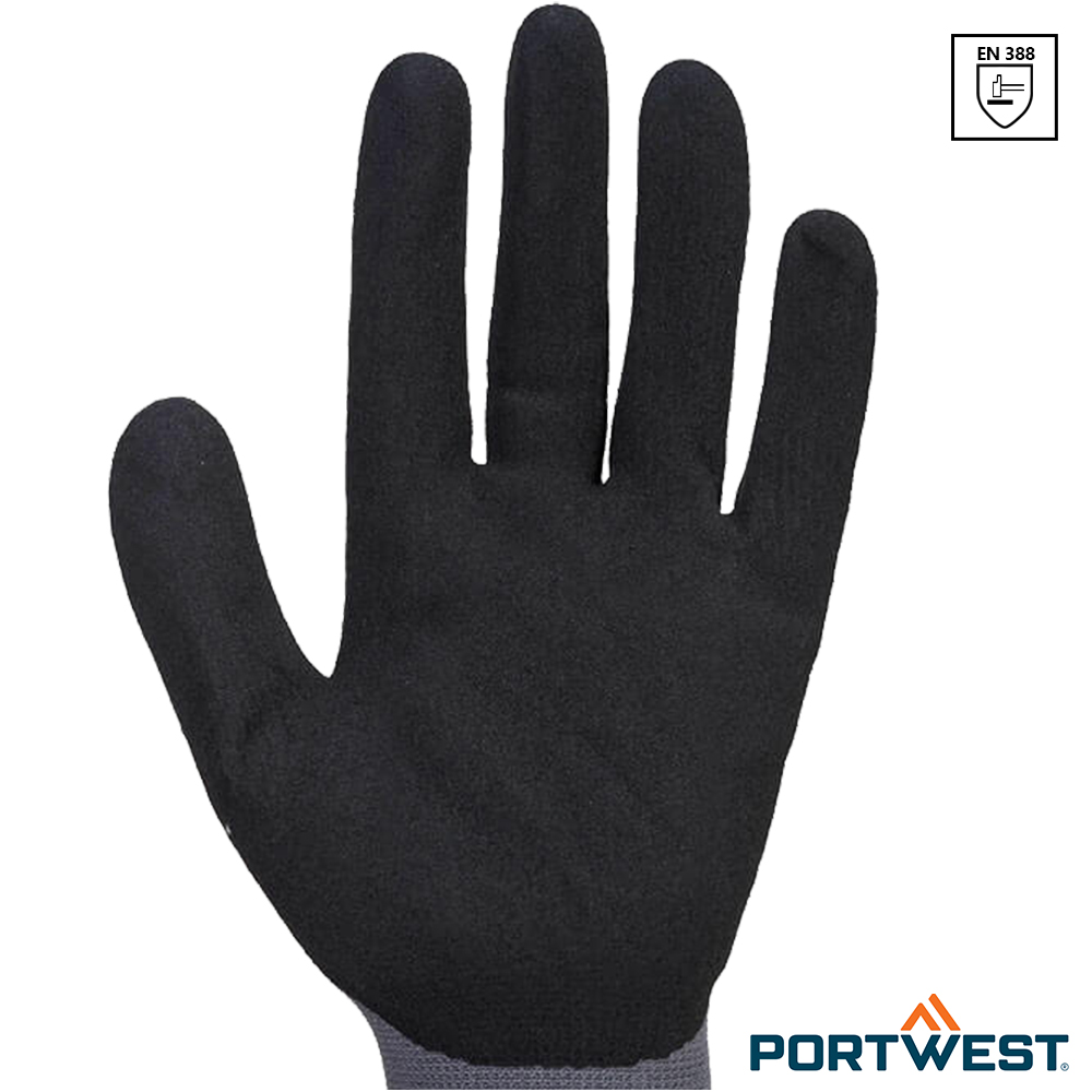 Close-up van de handpalm van een zwarte Portwest A350 DermiFlex veiligheidshandschoen.