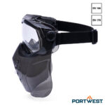 Portwest PS22 ruimzichtbril met kinbeschermer foto van de zijkant gezien.