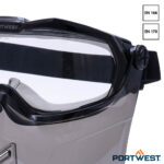 Portwest PS22 ruimzichtbril met gedetailleerde foto van de lens en kinbeschermer.