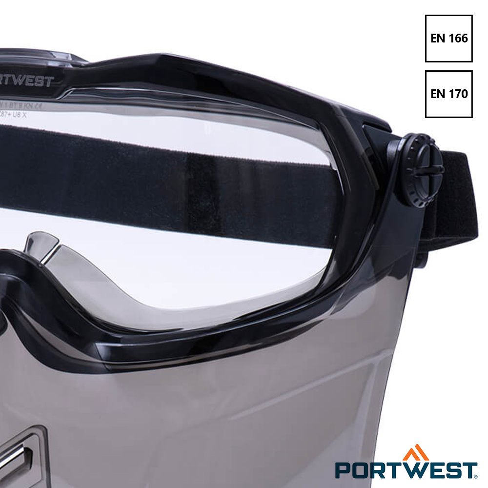 Portwest PS22 ruimzichtbril met gedetailleerde foto van de lens en kinbeschermer.