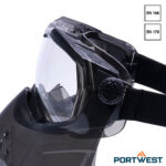 Portwest PS22 ruimzichtbril met kinbeschermer gedetailleerde foto van de zijkant gezien.