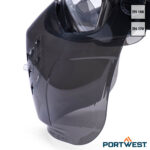 Portwest PS22 ruimzichtbril met kinbeschermer gedetailleerde foto van de zijkant gezien.