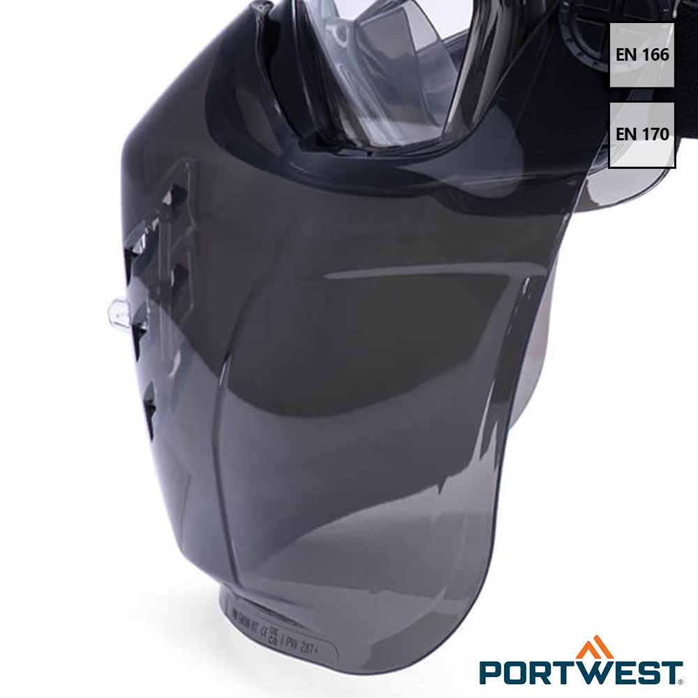 Portwest PS22 ruimzichtbril met kinbeschermer gedetailleerde foto van de zijkant gezien.