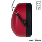 Portwest PW42 Clip-on gehoorkap detail van de rode gehoorkap en zwart oorkussen.