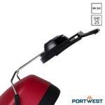 Portwest PW42 Clip-on gehoorkap detail van zwarte kunststof bevestigingsclip.