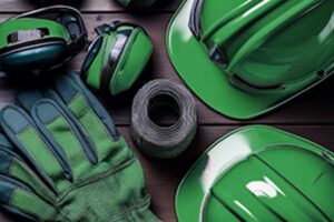 Duurzame persoonlijke beschermingsmiddelen liggen samen op een houten ondergrond.