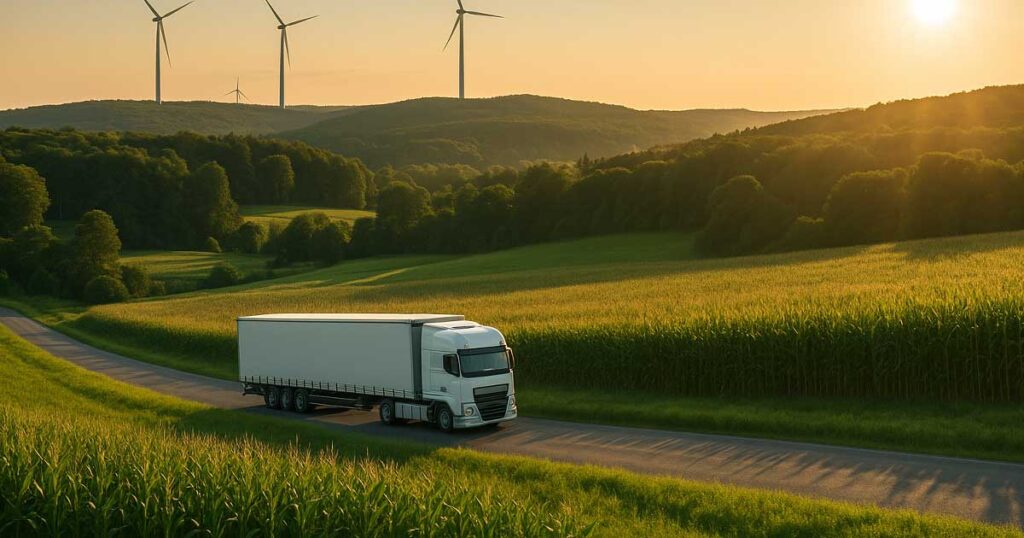 Een witte vrachtwagen rijdt door een groen landschap met windmolens, bos en maisvelden.