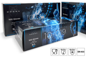 3 soorten product verpakkingen (dispenserdoosjes) van Conan nitril handschoenen.