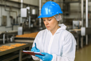 Op deze foto zie je een vrouwelijke medewerker in een productieomgeving die notities maakt op een kladblok.