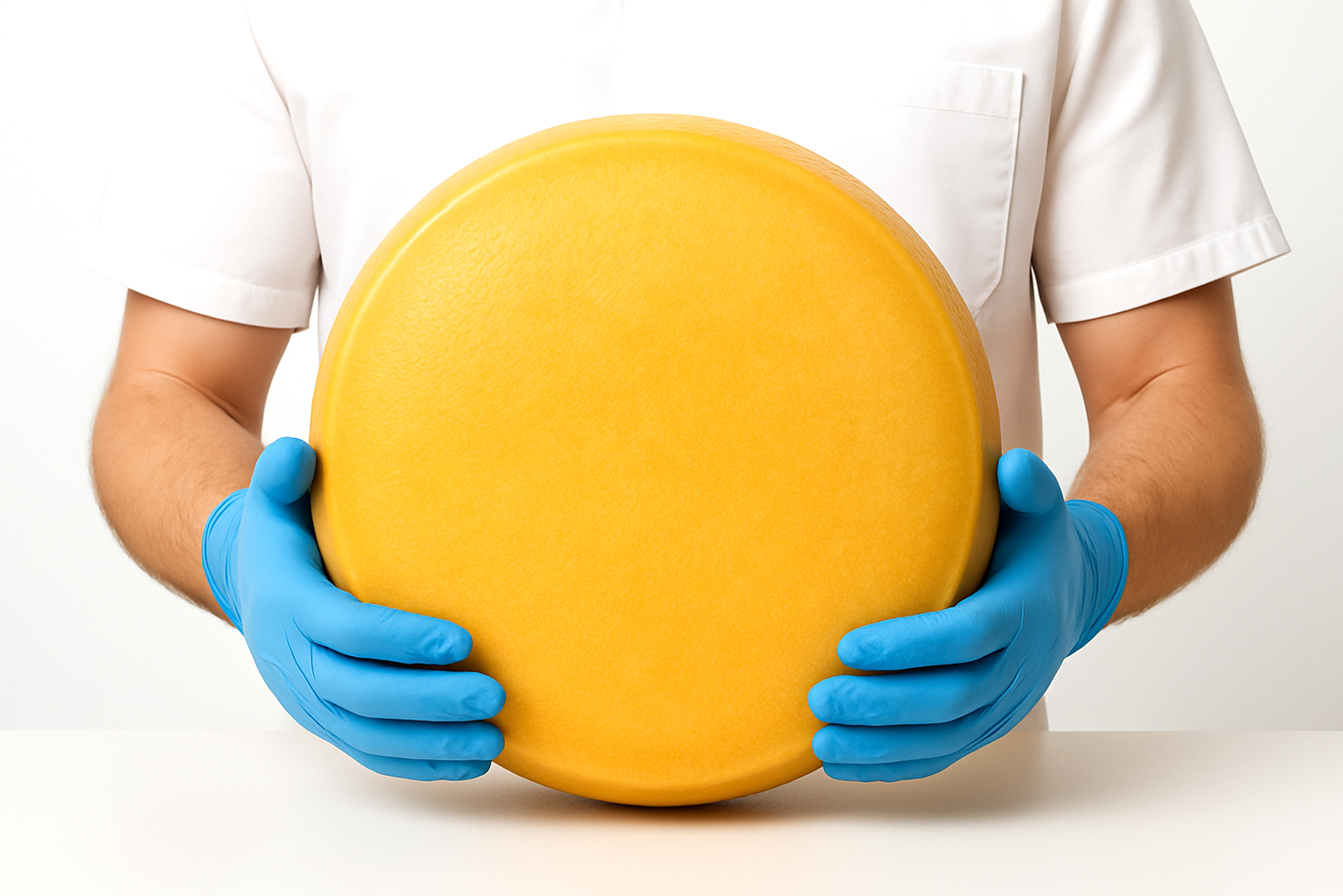 Een medewerkers gekleed in witte werkkleding draagt blauwe nitril wegwerphandschoenen en houdt een grote ronde kaas vast.
