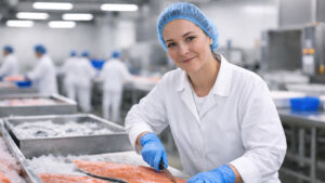 Een vrouw in witte foodkleding wordt afgebeeld in een visverwerkende omgeving en draagt disposable beschermingsmiddelen.