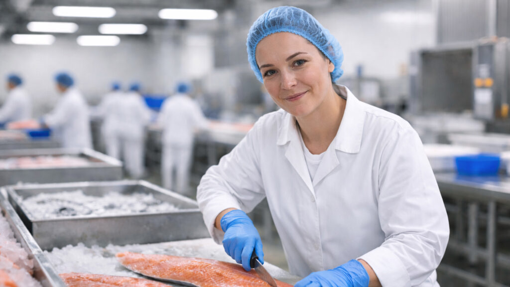 Een vrouw in witte foodkleding wordt afgebeeld in een visverwerkende omgeving en draagt disposable beschermingsmiddelen.