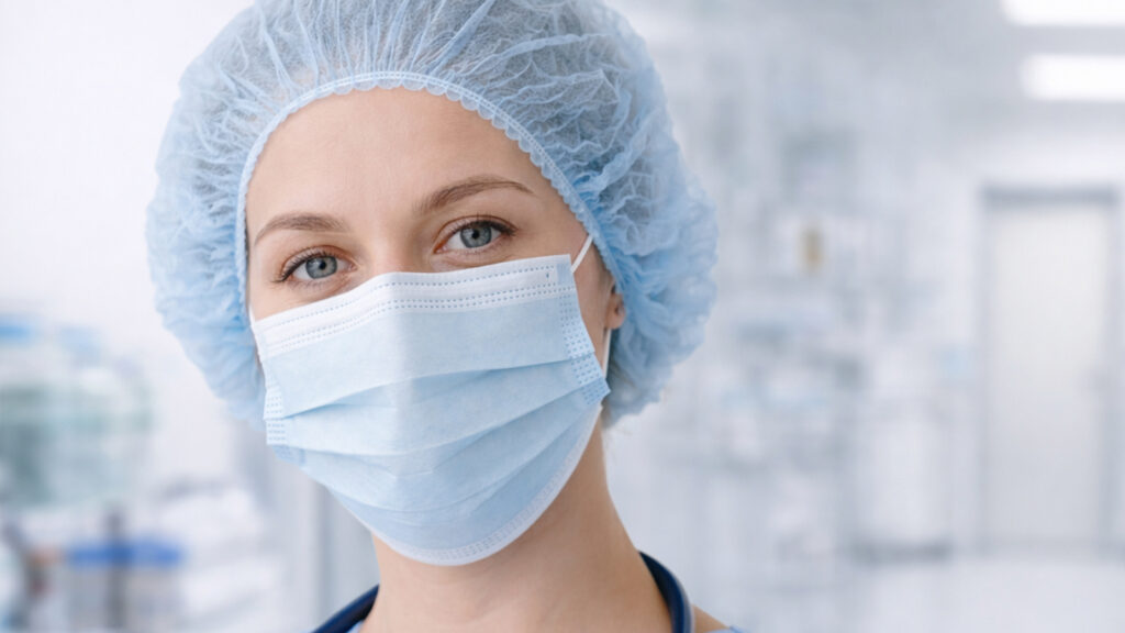 Een afbeelding van een vrouwelijke arts die zicht bevindt in een medische omgeving, ze draagt een haarnetje en mondmasker.