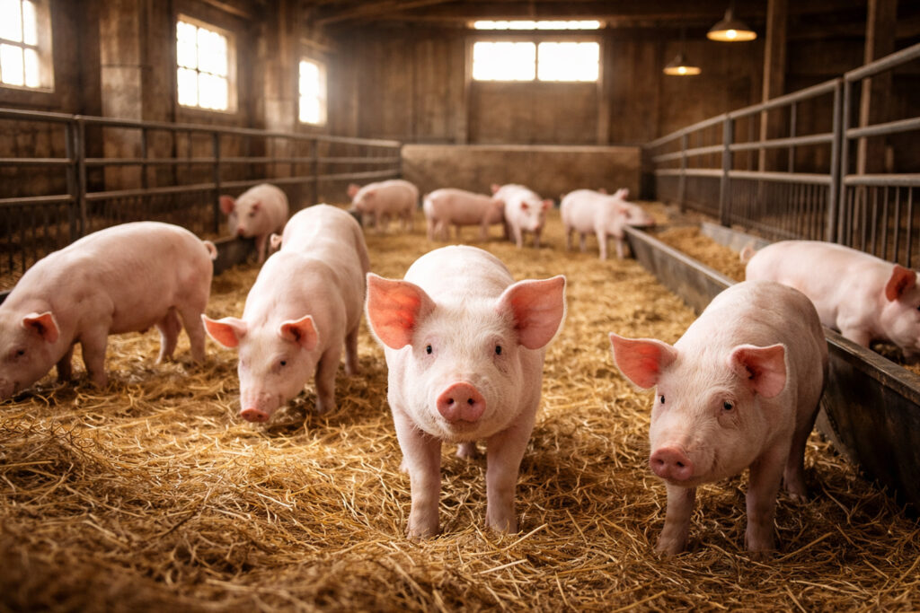 Een groep jonge varkens (biggetjes) in een stal met stro op de vloer