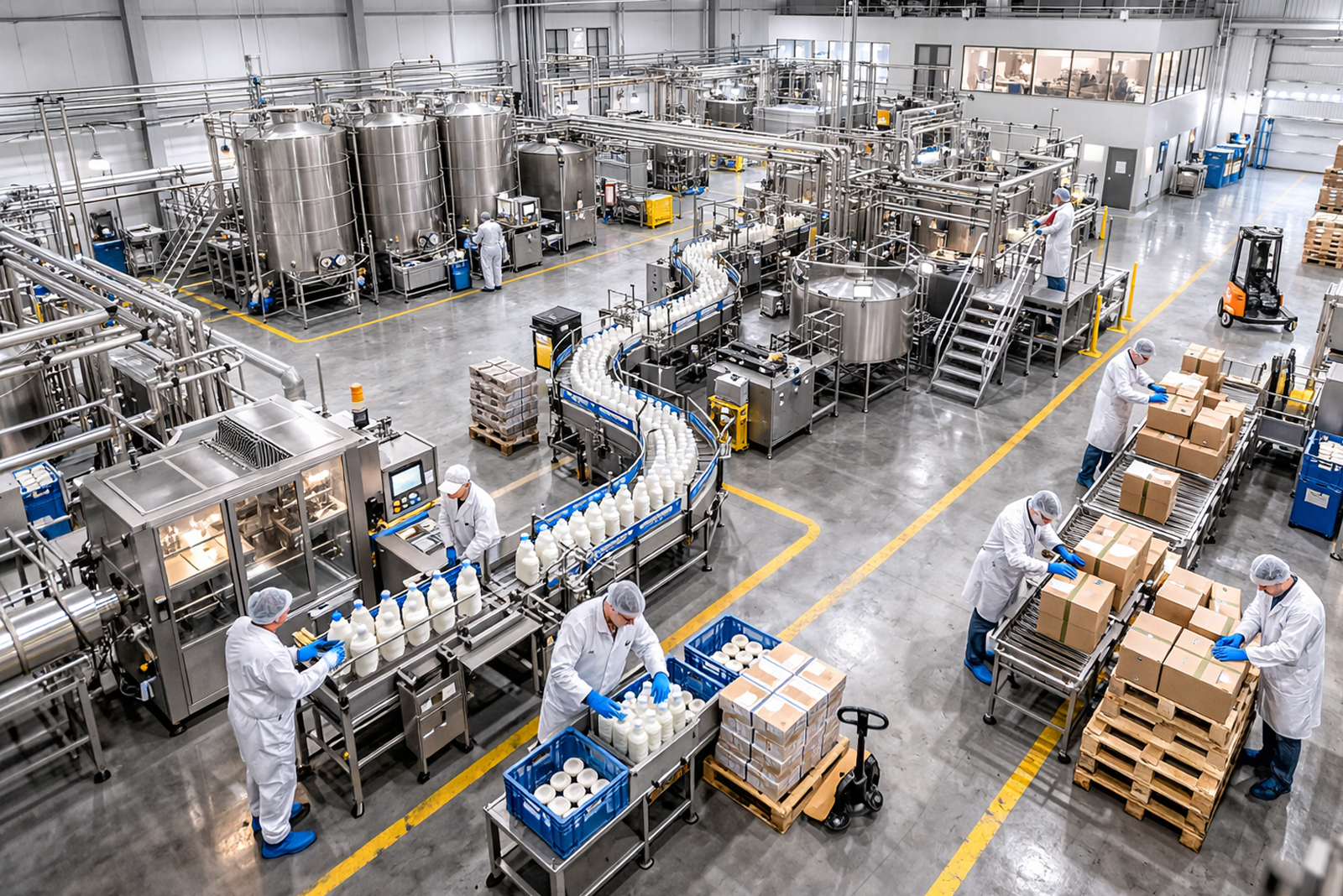 Een grote fabriekslocatie waar zuivel wordt geproduceerd