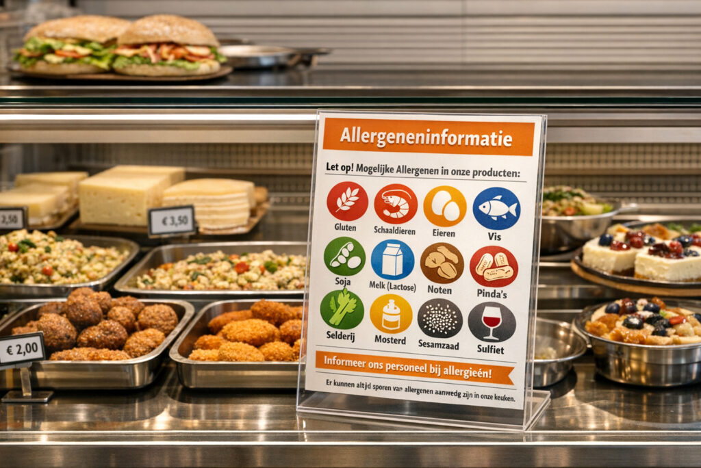 Afbeelding van een vitrine met voedingsmiddelen en een allergeneninformatie