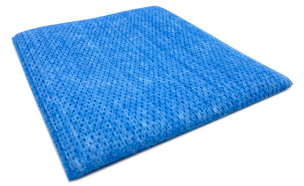Een afbeelding van een blauwe food-grade poetsdoek met open vezelstructuur