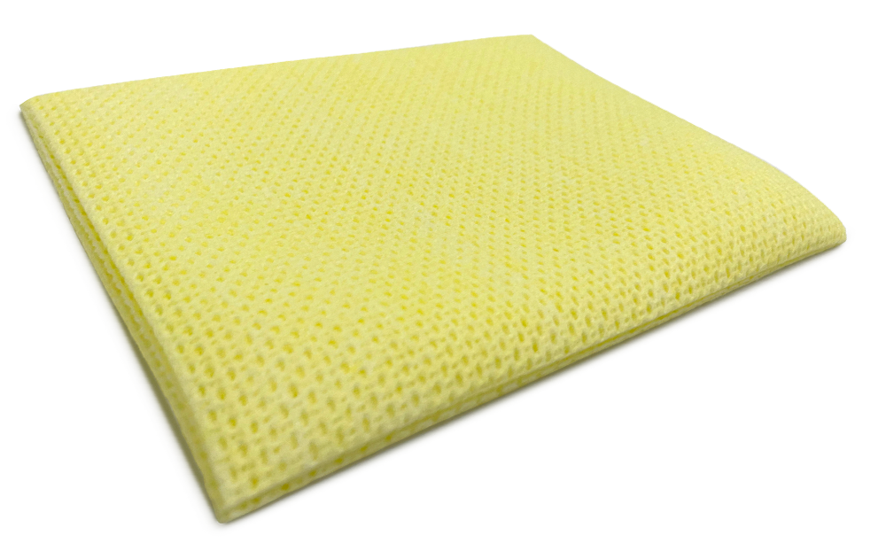 Een afbeelding van een gele food-grade poetsdoek met open vezelstructuur