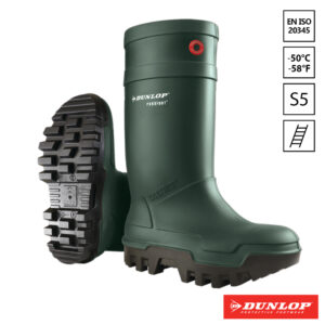 Afbeelding van een groene Dunlop veiligheidslaarzen met zwarte zool en normaanduidingen