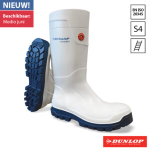 Afbeelding van een witte Dunlop veiligheidslaarzen met blauwe zool en productinformatie