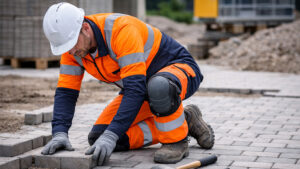 Foto van een stratenmaker die geknield stenen plaatst met kniebescherming