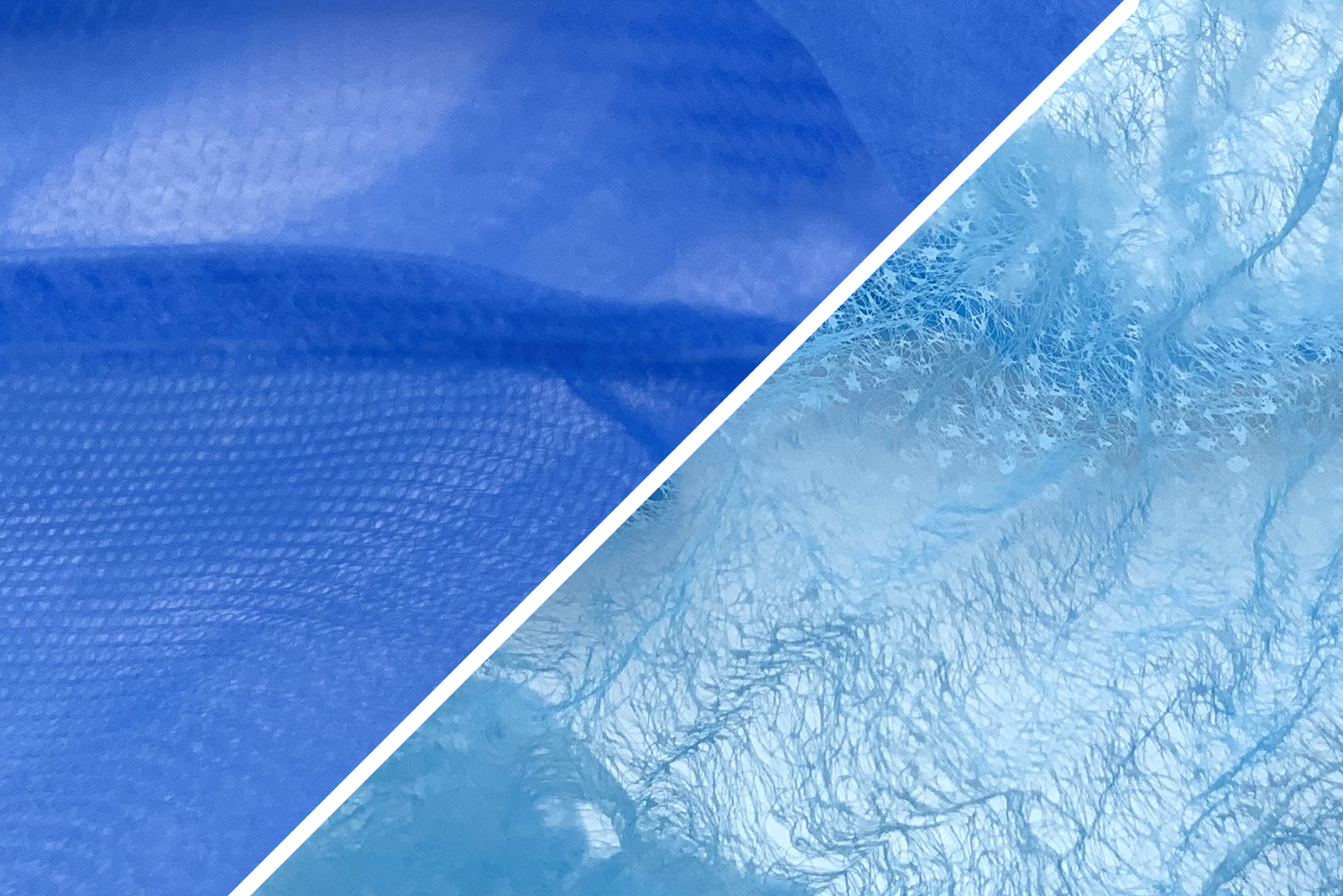 Afbeelding van een close-up van twee blauwe materiaalstructuren, gescheiden door diagonale witte lijn