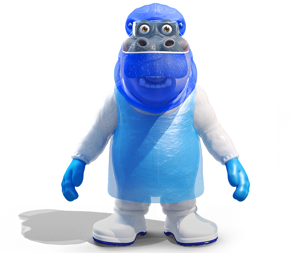 Niles de mascotte van Safety Products B.V. gehuld in disposable foodkleding.