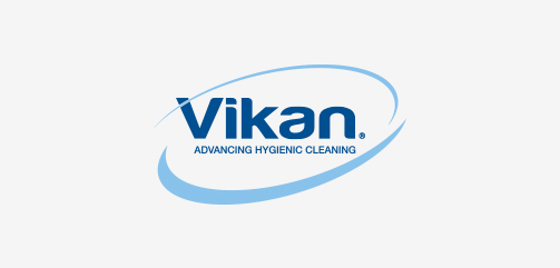 Vikan-logo met blauwe merknaam en gebogen swoosh