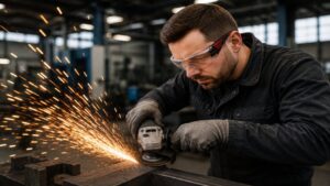 Medewerker met veiligheidsbril slijpt metaal in industriële werkomgeving