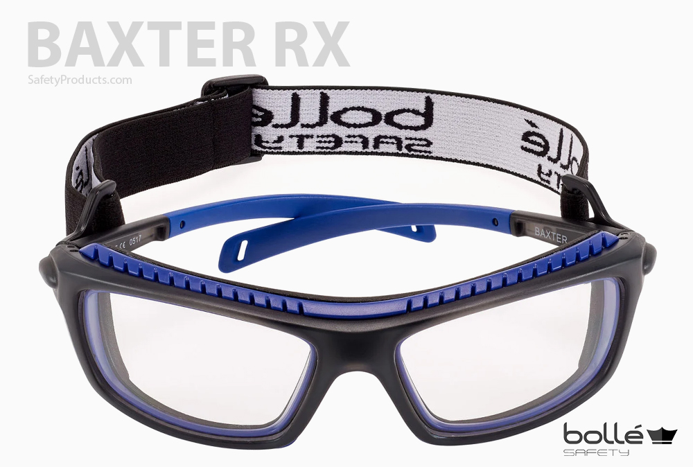 Een afbeelding van een Bollé Safety BAXTER RX bril op een witte achtergrond