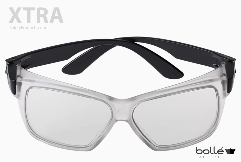 Een afbeelding van een Bollé Safety XTRA bril op een witte achtergrond